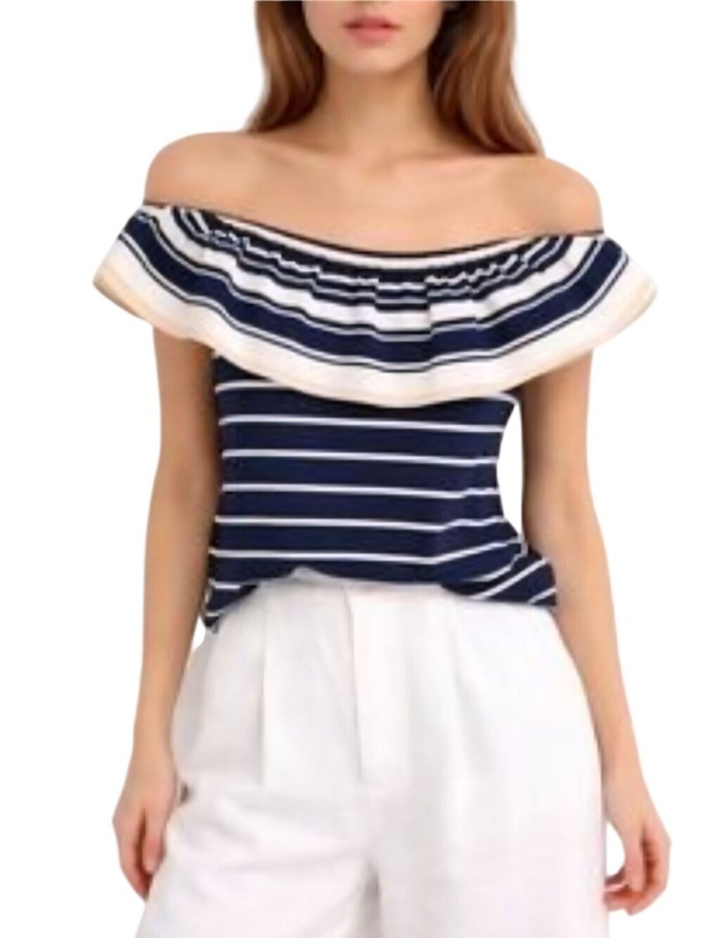 Lilly Pulitzer Perelle Navy Stripe Gold Detail  Off Shoulder Top Size XS